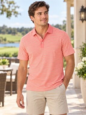 Mizzen+Main Men’s Small Trim Fit Coral Striped Performance Polo